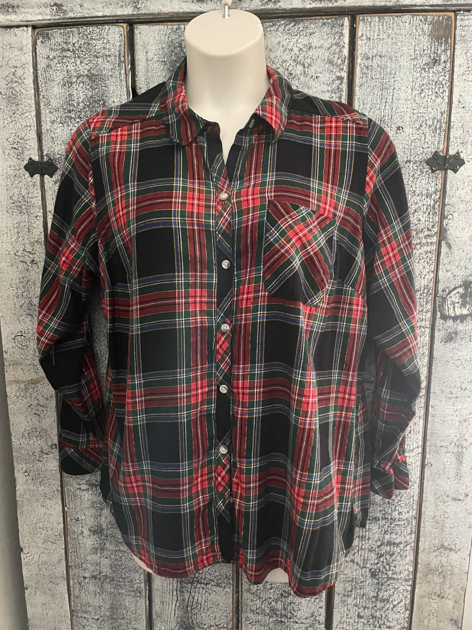 Croft & Barrow Green Red Black Plaid Button Down Long Sleeve Shirt Size 1X