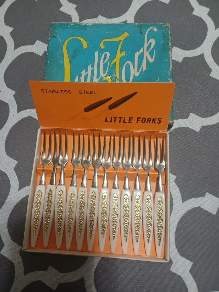 Vintage Little Fork Stainless Steel Cocktail Forks 1960's White/Gold