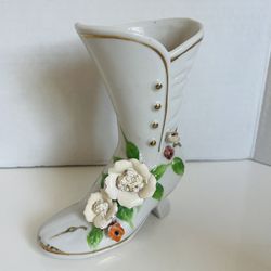 Vintage Porcelain Victorian Boot Bud Vase 3-D Flowers & Gold Accents