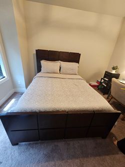 Queen Size Espresso Wood Bed Frame – Modern Block Panel Design