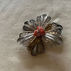 Vintage 800 Silver Filigree Coral Brooch 