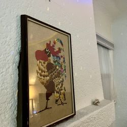 Vintage 13x19 Hand-Embroidered Rooster Art – Framed Textile Wall Hanging