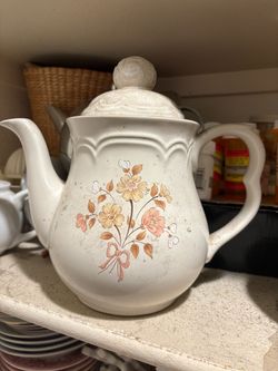 Vintage White Ceramic Teapot with Floral Design