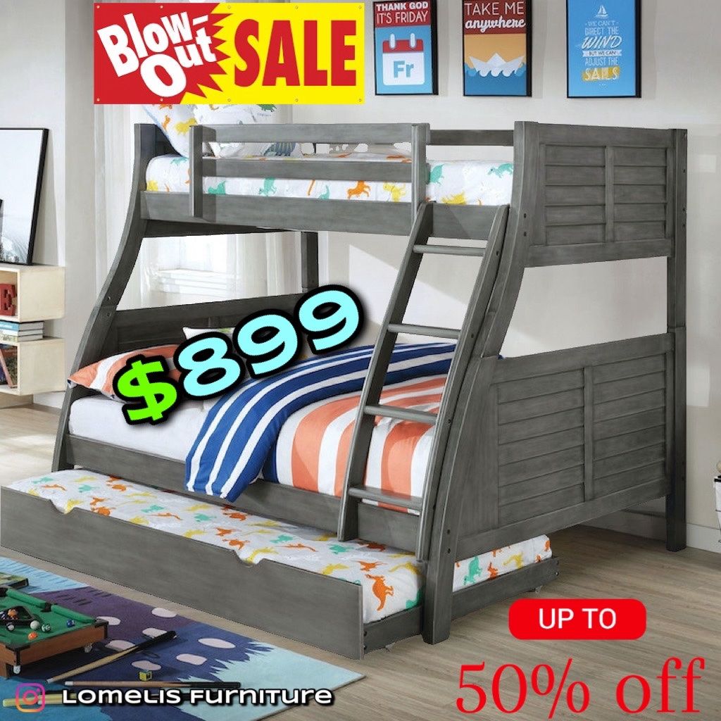 Twin/Full/Full Antique Gray Hoover Collection Bunk bed w. Orthopedic Mattresses Included 