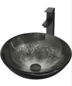 (New in Box)  Bathroom Artistic Vessel Sink, Tempered Glass Vanity Round Bowl, Black Black Faucet, Pop Up Drain, Above Counter, Easy Clean /A11-CN-584