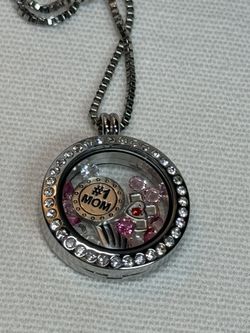 Origami Owl SS Floating Charm Locket With~  #1 MOM, Cross, Angle Wing,Pink & Clear Crystal Stones