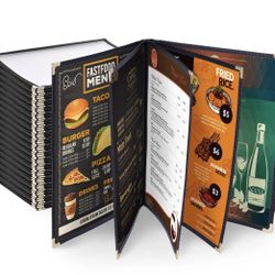 WeChef 20 Menu Cover 10 View Double Stitch Black Trim 8.5"x11" Fold 5 Page Book