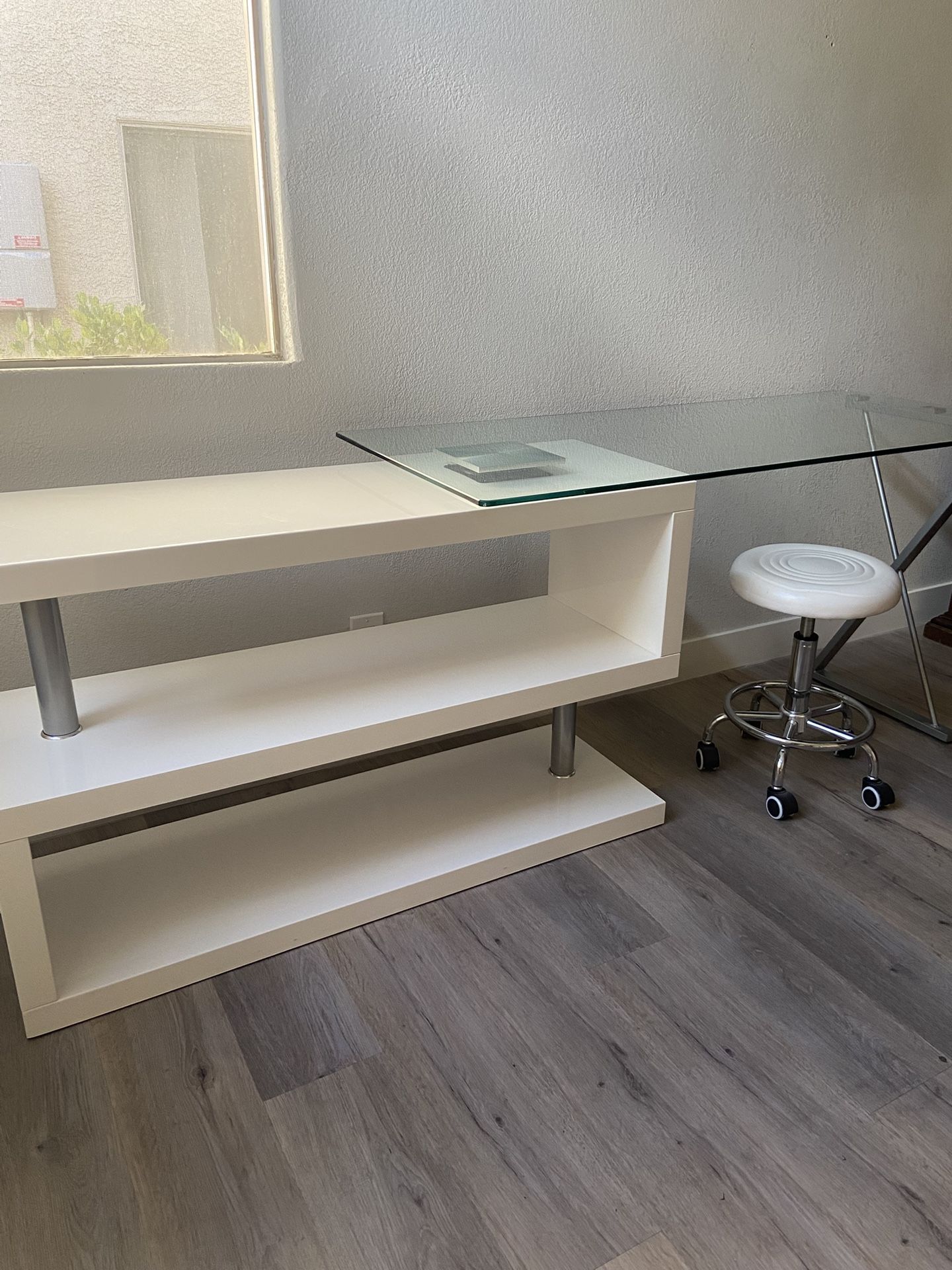 Convertible Desk, Corner Desk, Shelves. Stool.