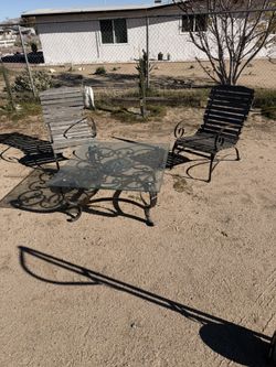 (2) Wood Chairs And Metal Table With Thick Glass