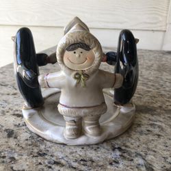 Yankee Candle holder With Penguins And Eskimo girl