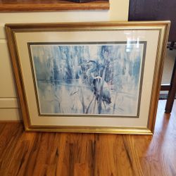 "Keeper Of The Pond" Blue Heron By Brent Heighton- Framed Art 38 1/2" X 31 1/2"