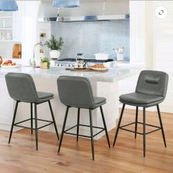 24”H Bar Stools Set of 3, Double-Layer Upholstered, for Home Kitchen, Gray