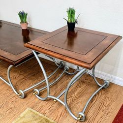 Vintage Brown Silver Metallic Heavy Sturdy Metal Rectangular Coffee Table + Pair Square End Side Tables Set