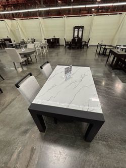 7pc Dining Table with Marble-Look Top