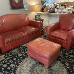 Red Leather Sofa, Chair And Ottoman