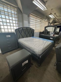 4 piece queen set bed frame, dresser, mirror, night stand