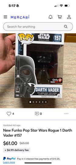 FUNKO POP STAR WARS DARTH VADER #157 ROGUE ONE FORCE GRIP GAMESTOP 2016 NIB