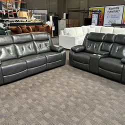 Charcoal Gray Leather Reclining Sofa Set 