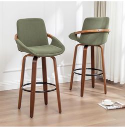 25.6" Counter Height Barstools Set of 2 Mid Century Modern Retro Bar Chairs Green Modern Corduroy Fabric Upholstered and Walnut Wood Frame for Home Ba