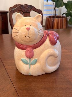 Vintage Ceramic Cat Cookie Jar / Canister with Pink Rose Accent