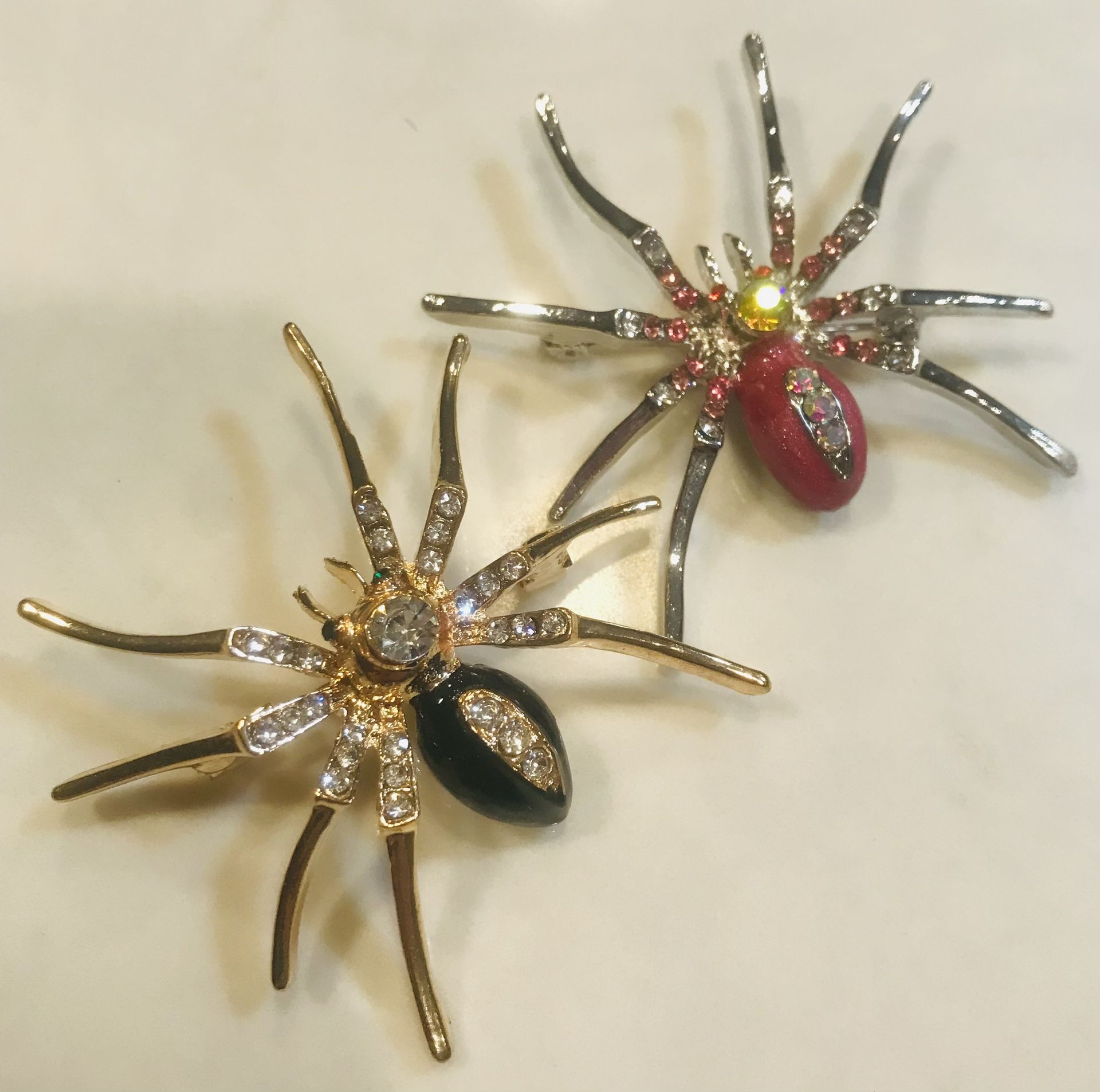 2 Gold Black + Silver Pink Crystal Spider Pin Brooch Lapels