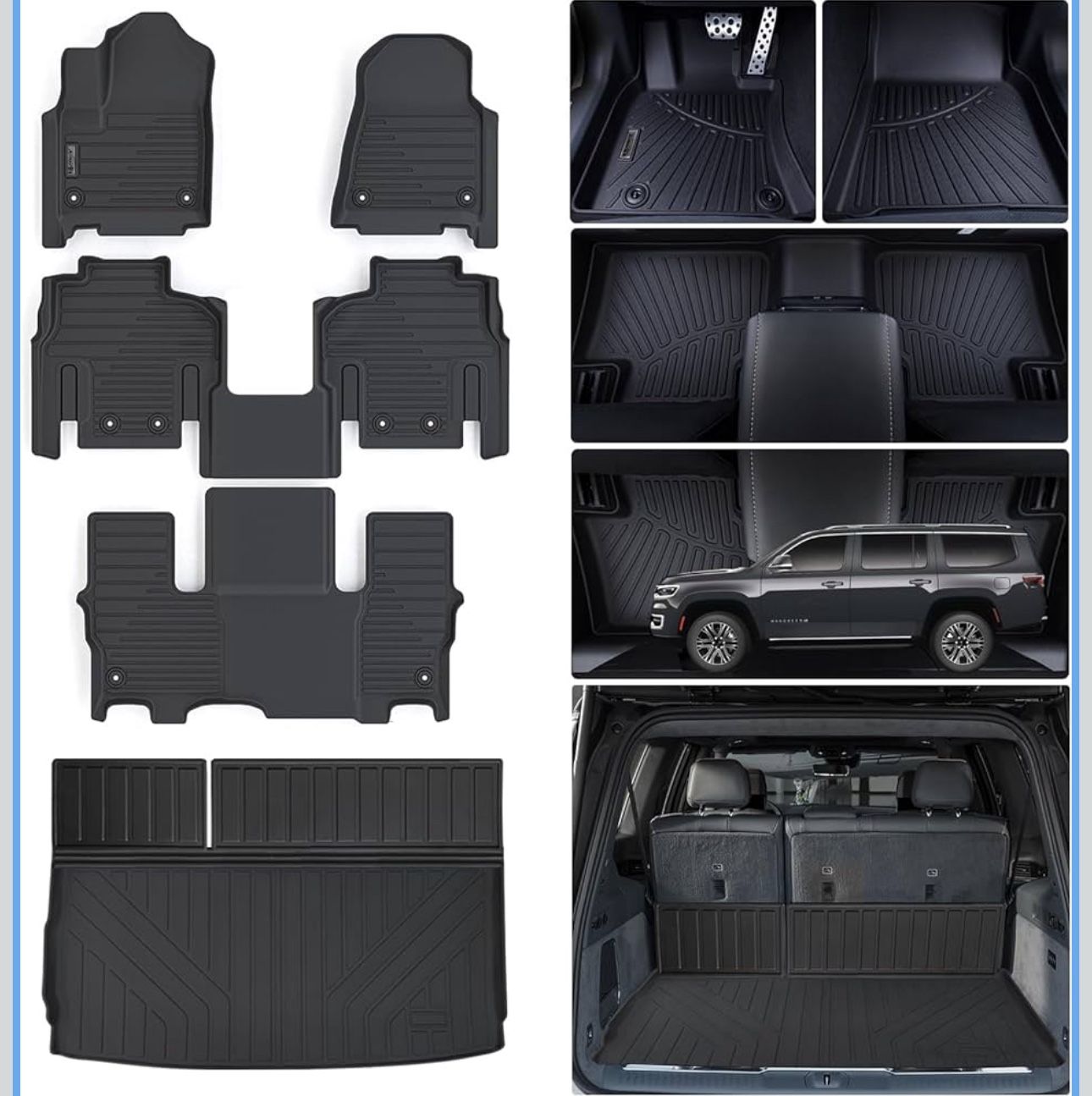 Floor Liners for 2022-2024 2025 Jeep Wagoneer 7 Seats Non L(Not Fit 8 Seats) & Cargo Liners TPE All Weather Protection Car Floor Mats with Trunk Mat A