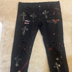 ROCKSTAR ORIGINAL Jeans RED AND BLACK SPLATTER DESIGN Jordan,Spider,Polo, Sweater