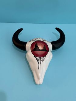 Native American Southwestern Bull Skull w/Horns Signed Pottery