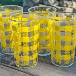 Set of 4 Vintage / Retro Yellow Checkered Tumbler Drinking Glasses