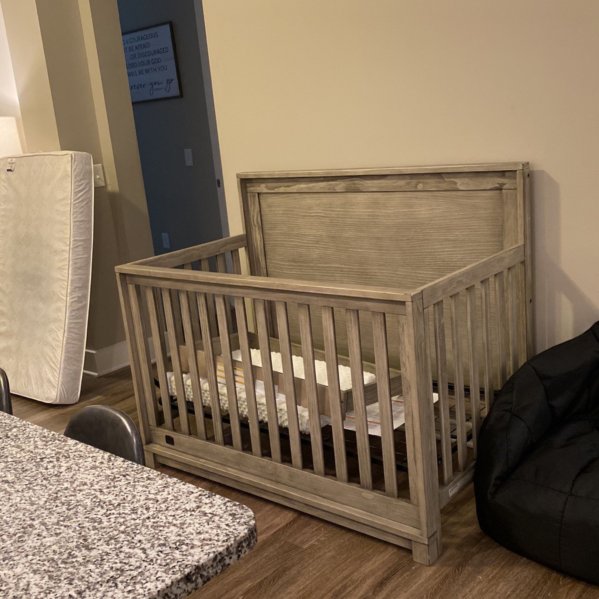 Grey Delta 4 In One Crib w/Mattress And bean Bag Chair