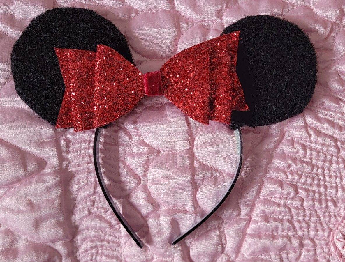 Minnie Mouse Kids WDW Walt Disney World Red Ribbon Ears MICKEY Hat Glitter
