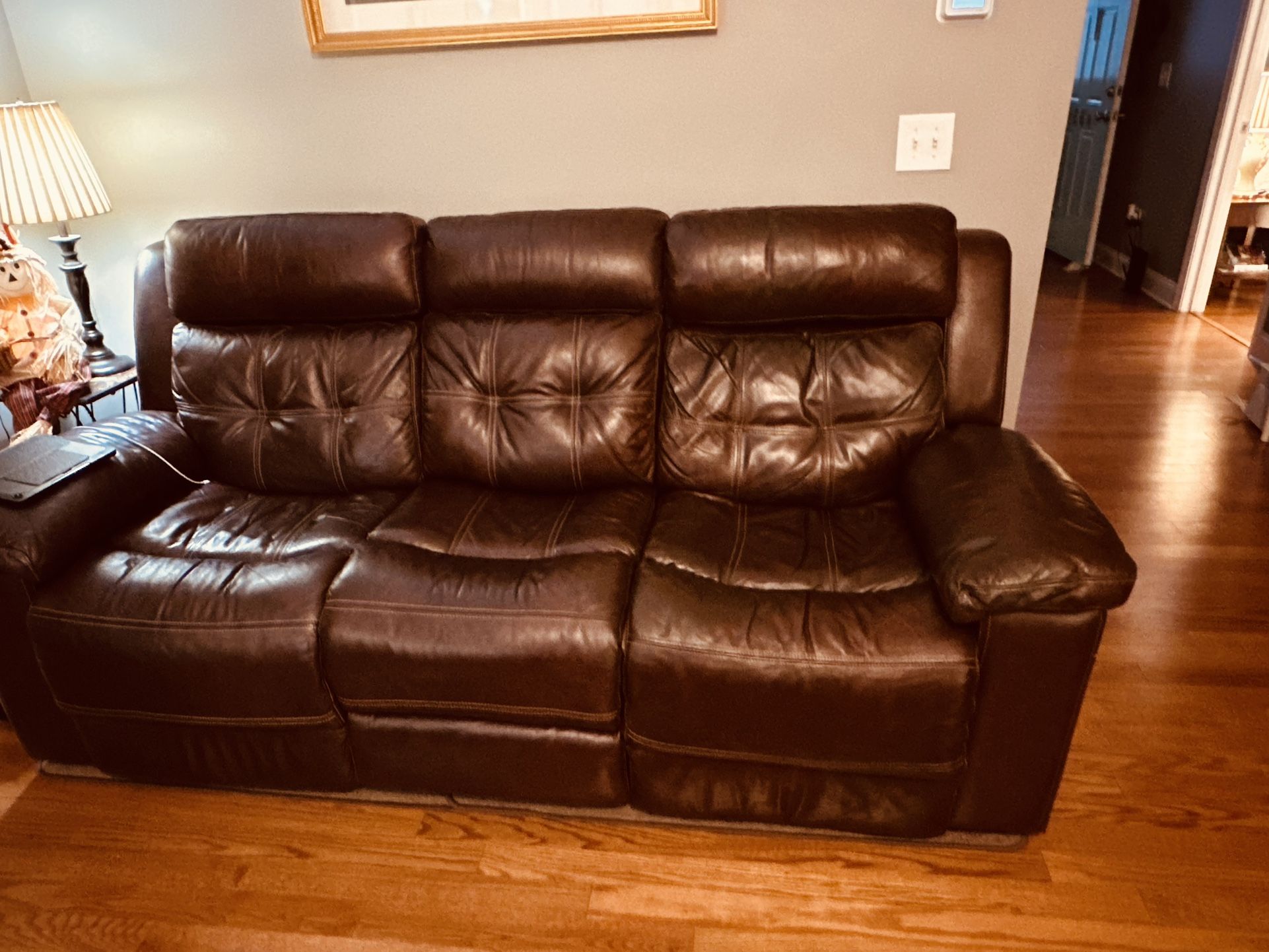 Duel Powered Seat And Headrest Brown Faux Leather Sofa With USB ports on each side