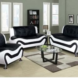 Modern Style Black And White Leather Three Piece Couch Set