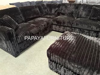 Teddy Bear Fur-Like Modern Classic Vintage Style Black Corduroy Fabric Sectional Sofa and Ottoman Set Living Room Couch Designer Staging Discount SALE