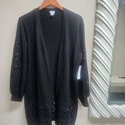 NWT Chico's Black Eyelet Long Sleeve Lightweight Open Cardigan Sweater SZ 2 US L