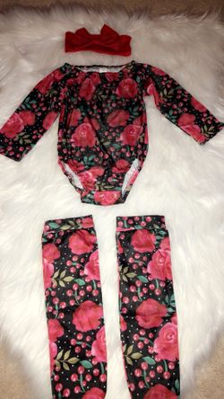 Adorable 3 piece set. Off shoulder romper plus long socks and headpiece
