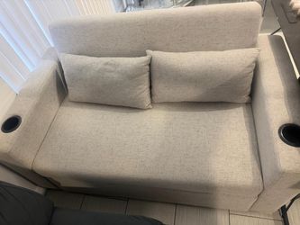 Beige Fabric Loveseat with Cup Holders