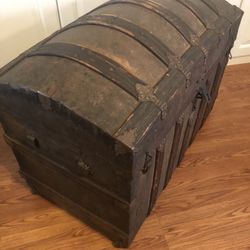 Antique Wood And Metal Trunk 2ft Tall, 34” Long, 20” Wide 