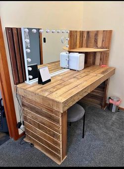 Custom reclaimed wood vanity (Mirror & Makeup Fridge included!)