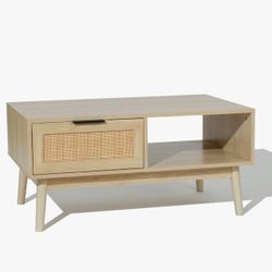 NEW/OPEN-BOX/UNASSEMBLED - LuxenHome 35.5" Rectangular Natural Boho Rattan Storage Coffee Table or TV/Entertainment Console/Stand