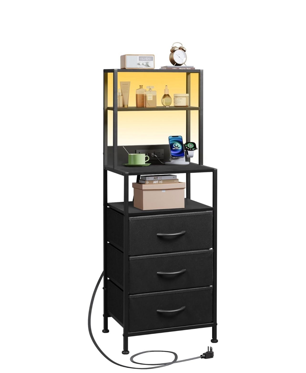 WLIVE Tall Nightstand with Charging Station, LED Night Stand with 3 Fabric Drawers and Storage Open Shelves, Bedroom Nightstand table, Bed Side Table