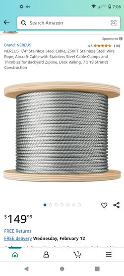 NEREUS 1/4" Stainless Steel Cable, 250FT Stainless Steel Wire Rope, Aircraft Cable with Stainless Steel Cable Clamps and Thimbles for Backyard Zipline