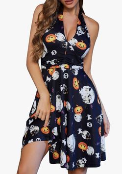 Halloween Halter Dress printed with jack-o'-lanterns, ghosts & moons Size M