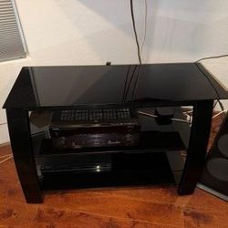 Sleek Black Glass TV Stand with Shelving