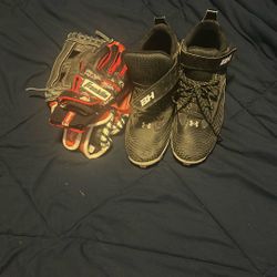 Youth baseball cleats, fielding glove, and batting glove