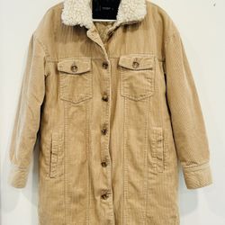 LUCKY BRAND Women’s Tan Corduroy Sherpa Faux Fur Satin Lined Button Down Coat Size Medium