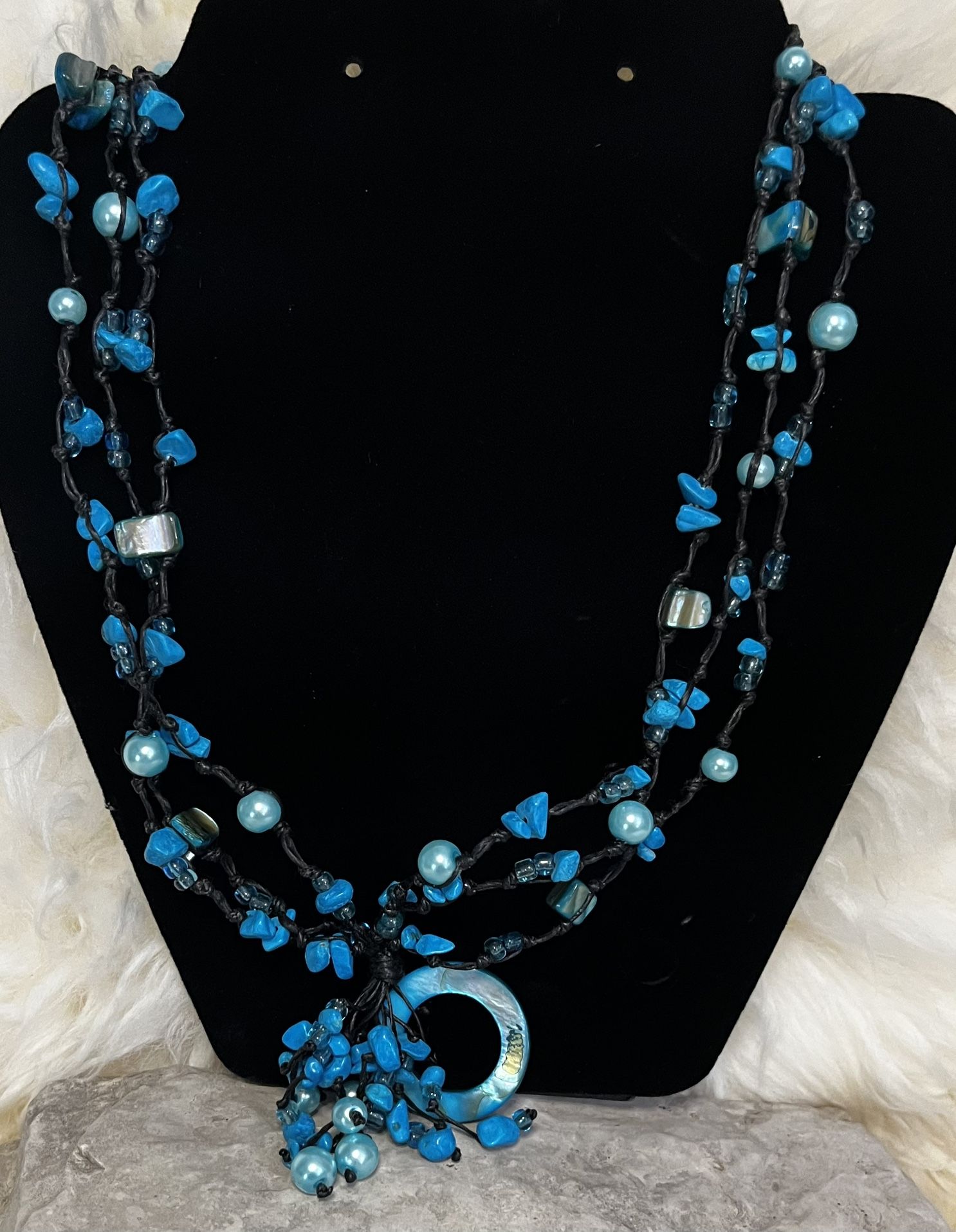 Black String With Blue Shells And Beads Necklace