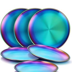 6-Piece Stainless Steel Dinner Plates Dessert Salad Plates Set Indian,9.1 Inch Colorful Metal Platter for Camping, Unbreakable and Reusable Dishwasher