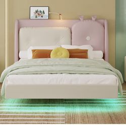 LIKIMIO Twin Floating Bed Frame, Platform Bed Frame with Leather Upholstered Headboard,LED Light & Charging Station, 
