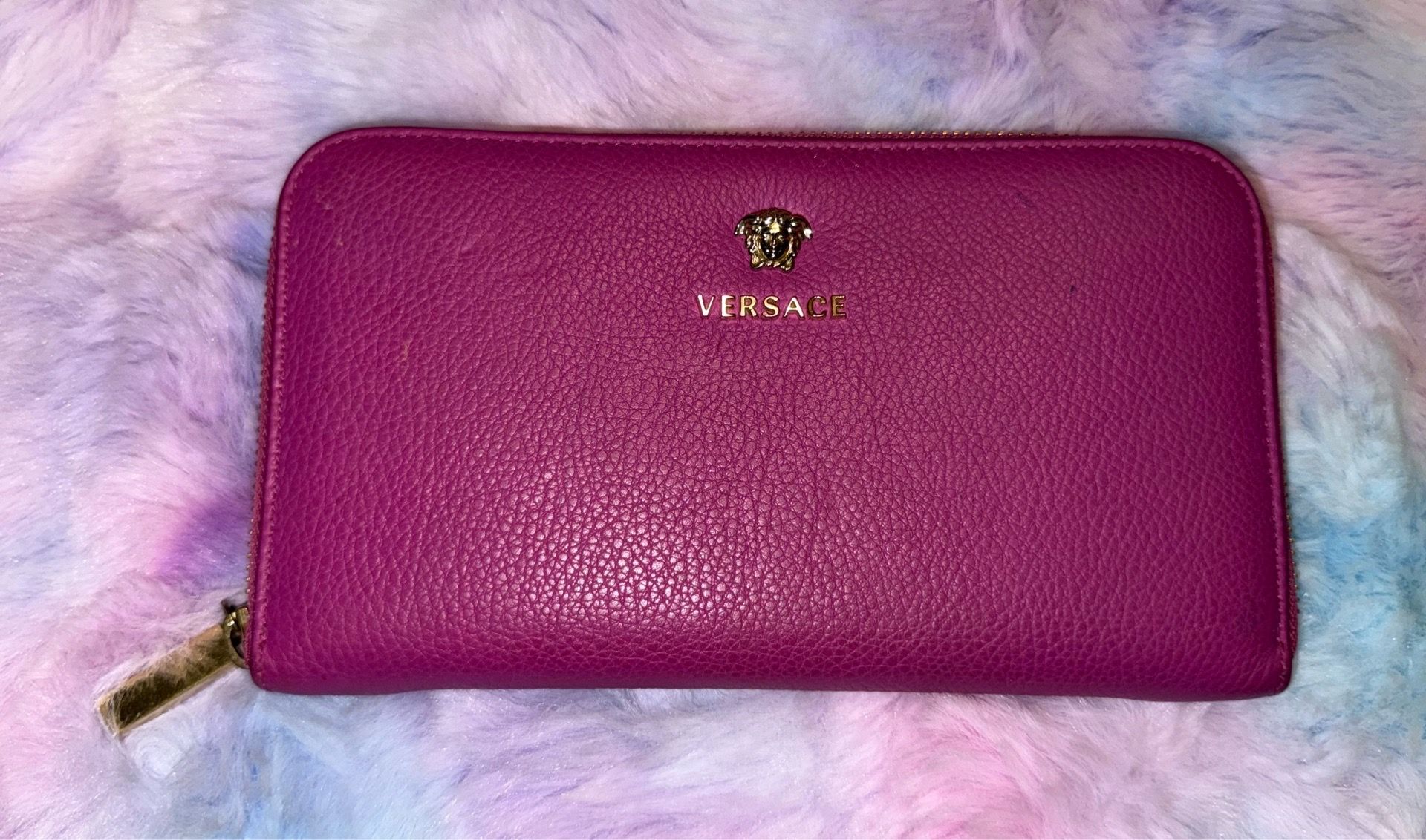 Versace Magenta Pink Leather Zip-Around Wallet